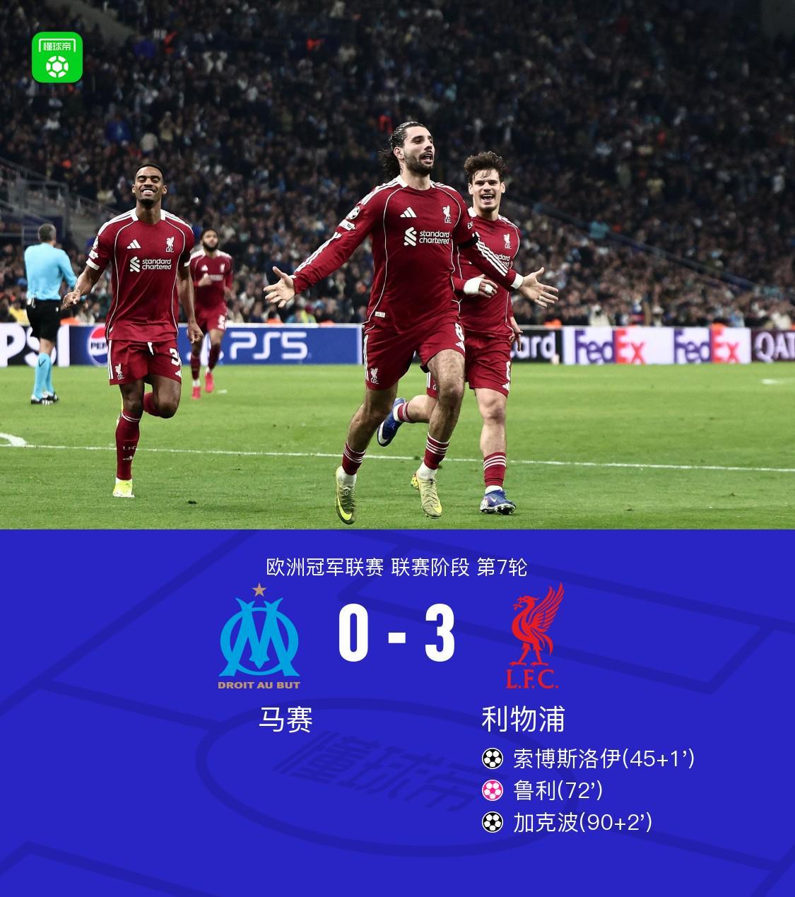 kaiyun-XbotGo丨利物浦3-0马赛，索博任意球贴地斩，加克波破门